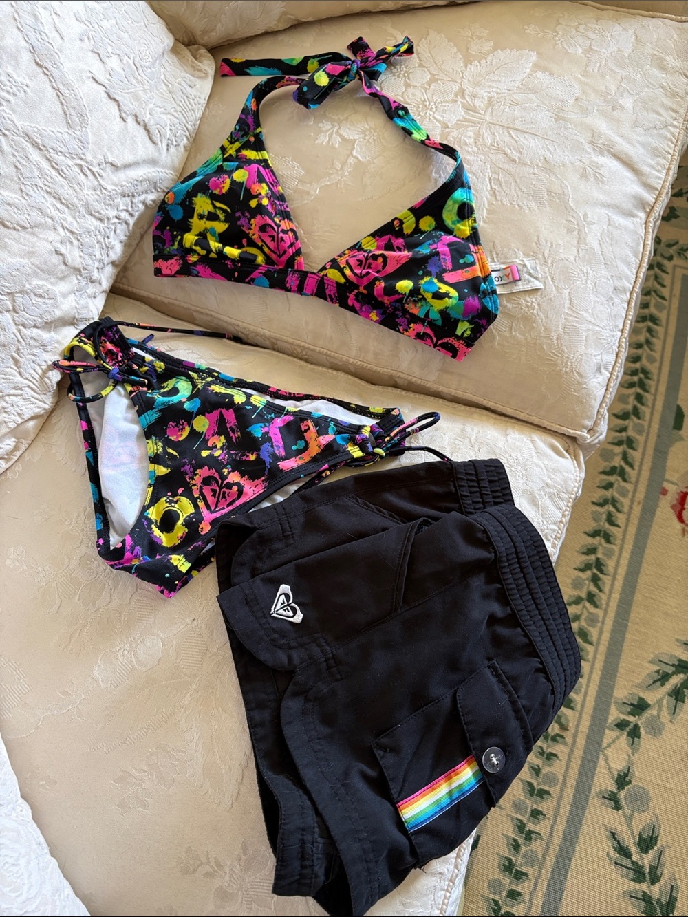 Roxy Black Bikini Set with Neon Pink, Yellow, Blue and Green Splash